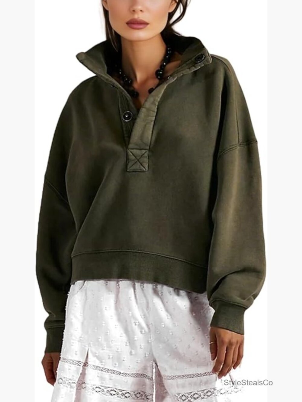 Cropped Quarter Snap Pullover Sweatshirt Henley Top